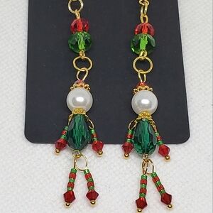 Handmade Red Green Whimsical Pearl Beaded Christmas Elf Dangle Earrings